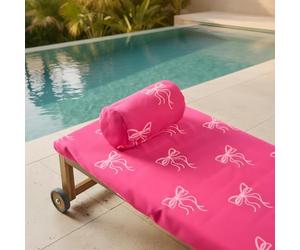 OHS Bow Print Sunbed Towels with Pockets Quick-Dry Absorbent Large Beach Towel in a Bag & Beach Pillow Inflatable Sun Lounger Bolster Pillow Microfibre Travel Summer Holiday Essentials Bundle, Pink