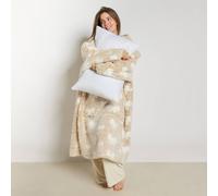 OHS Bow Print Teddy Marl Hoodie Blanket Extra Long Wearable Throw in Beige OHS Beige One Size