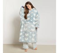 OHS Bow Print Teddy Marl Hoodie Blanket Extra Long Wearable Throw in Light Blue OHS Light Blue One Size