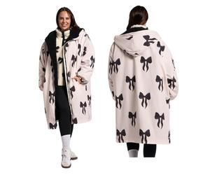 OHS Bow Print Waterproof Coat Womens, Mothers Day Gifts Oversized Rain Coats for Women Lightweight Fleece Lining Changing Robe with Hood & Pockets Drying Robe for Outdoor Travel, Monochrome - S/M