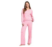 OHS Bow Pyjamas for Women Lettuce Edge Long Sleeve Round Neck Full Length Bottom Bow Pjs Pyjamas Bride Pjs Set Two Piece Button Up Nightwear Sleepwear for Women, Pink - L/XL