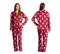 OHS Bow Pyjamas for Women Long Sleeve Shirt and Full Length Bottom Pyjama Bride Pjs Set Two Piece Button Down Soft Warm Winter Nightwear Sleepwear Loungewear, Burgundy - S/M