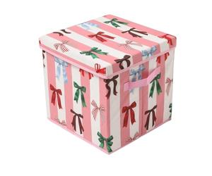 OHS Bow Stripe Bauble Storage Box Festive Christmas Decoration, Pink/White | Space Saver Bauble Storage with Cardboard Dividers for 64 Xmas Ornaments 4 Layer Holder with Separators Lid & Handles