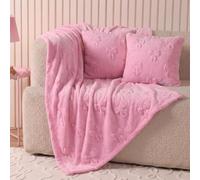 OHS Bow Tufted Teddy Fleece Blanket Throws for Sofas, Blush Pink 180x200cm | Gifts for Women Soft Cosy Winter Warm Bed Throw Double Size Bow Blanket Thick Pile Fluffy Armchair Couch Settee Throws