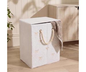 OHS Bow Washing Basket with Lid Folding Boucle Small Laundry Basket, Natural