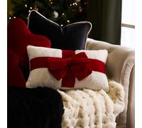 OHS Bow Wrapped Novelty Cushions, Soft Boucle Scatter Cushion Home Decoration Plush Pillow Cute Room Decor Bow Pillow Seat Cushion for Sofa Living Room Bedroom, Red/Cream - 30 x 50cm