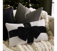 OHS Bow Wrapped Scatter Cushion, Soft Boucle Novelty Throw Pillow Christmas Decorative Plush Pillow Cute Room Decor Seat Cushion for Sofa Living Room Bedroom, Black/Cream - 30 x 50cm