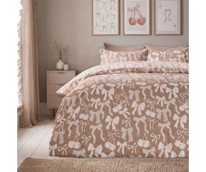 OHS Bows Bedding, Double Duvet Covers Set, Natural | Super Soft Warm Polycotton Illustrated Bows Quilt Cover Cosy Comfy Reversible Bedding Double Bed Set with Pillowcases