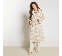 OHS Bows Hooded Dressing Gown Teddy Marl Thermal Robe in Beige OHS Beige One Size