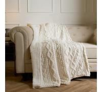 OHS Cable Knit Blanket Sherpa Fleece Plush Supersoft Warm Throw, Cream - 130 X 160Cm
