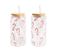 OHS Candy Cane Glass Cups with Lids and Straws Plastic Cups 2 Pack, Multi | Christmas Style Clear Drinking Glasses with Bamboo Lids Iced Coffee Cups Glass Tumblers for Smoothie Soda Beer Cocktail