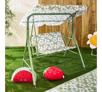 OHS Canopy Garden Swing 2 Seater Daisy, Weatherproof Kids Swing Chair with Roof & Backrest Non-Slip Feet Adjustable Canopy Rocking Bench Comfy Outdoor Patio Garden Seat Up to 60Kg, Sage/White