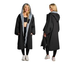 OHS Changing Robe for Men & Women, Oversized Waterproof Privacy Drying Robe Coat with Pockets Fleece Lining Long Sleeve Hooded Jacket for Beach Surfing Lounging - Black, Large