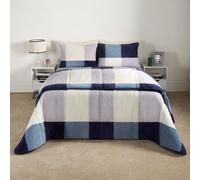 OHS Check Coverless Duvet Pillowcase Teddy Fleece Gingham 10.5 Tog, Navy - Double