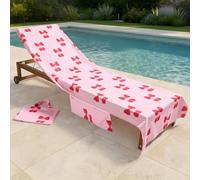 OHS Cherry Bow Sunbed Towels with Pockets, Soft Quick-Dry Absorbent Microfibre Large Beach Towel in a Bag Sun Lounger Beach Towels for Adults Summer Holiday Essentials, 75 x 215cm - Pink