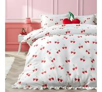 OHS Cherry Double Duvet Set, Gifts for Women Super Soft Cosy Warm Microfibre Polyester Double Bedding with Frill Edge Stylish Comfy Quilt Cover Set with Pillowcases
