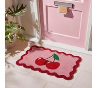 OHS Cherry Print Coir Door Mats Scallop Welcome Mat, Pink/Red - 40 x 60cm | Stylish Front Door Mat Inside Outdoor Non-Slippery Heavy Duty Washable Door Mat Dirt Trapping Entryway Entrance Rug