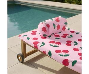 OHS Cherry Sun Lounger Towel with Pockets Soft Quick-Dry Absorbent Large Beach Towel in a Bag & Inflatable Bolster Pillow Sun Lounger Travel Cushion Microfibre Summer Holiday Essentials Bundle