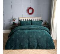OHS Christmas Bedding Double, Tufted Xmas Winter Tree Teddy Fleece Duvet Set Super Soft Warm Winter Christmas Duvet Set Double Cosy Comfy Fleece Bedding with Pillowcases, Forest Green