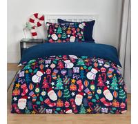 OHS Christmas Bedding Single, Christmas Fun Kids Fleece Duvet Cover Super Soft Warm Winter Fleece Bedding Cosy Sherpa Reversible Quilt Kids Single Duvet Cover Set with Pillowcase, Navy