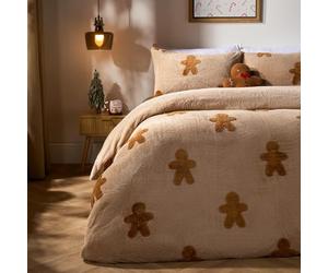 OHS Christmas Bedding Single, Tufted Gingerbread Man Teddy Fleece Duvet Set Super Soft Warm Cosy Thermal Winter Christmas Duvet Set Single Comfy Fleece Bedding with Pillowcases, Natural