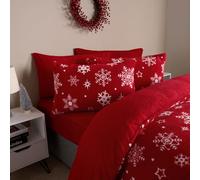 OHS Christmas Bedding Single, Xmas Snowflakes Teddy Fleece Duvet Set Super Soft Warm Cosy Winter Christmas Duvet Set Single Comfy Luxurious Quilt Fleece Bedding with Pillowcases, Red