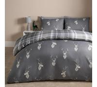 OHS Christmas Bedding, Super Soft Cosy Warm Quilt Double Duvet Set Charcoal Grey Stag Motif Tartan Check Christmas Duvet Set Double Comfy Reversible Xmas Bedding with Pillowcases