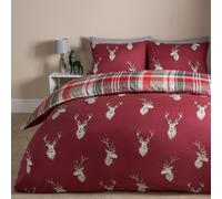 OHS Christmas Bedding, Super Soft Cosy Warm Quilt Double Duvet Set Red Stag Motif Tartan Check Christmas Duvet Set Double Comfy Reversible Xmas Bedding with Pillowcases