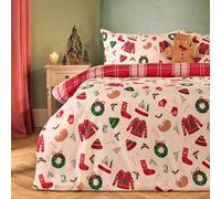 OHS Christmas Bedding, Xmas Novelty Quilt Double Duvet Set Super Soft Warm Microfibre Christmas Duvet Set Double Red Tartan Check Reversible Cosy Comfy Xmas Bedding with Pillowcases, Cream