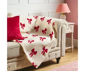 OHS Christmas Blanket Sofa Throw, Xmas Decorations Soft Warm Cosy Bow Print Polar Fleece Blanket for Bed Settee Christmas Throw Single Bed Throws Gifts for Women Girls, Cream/Red - 120 x 150cm