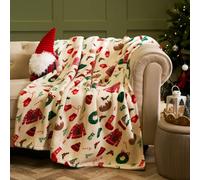 OHS Christmas Blanket Throws for Sofas, Super Soft Warm Christmas Decorations Sherpa Reversible Fleece Throw Blanket for Bed Settees Armchairs Fluffy Single Bed Throw, Natural - 125 x 150cm