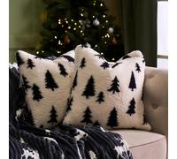 OHS Christmas Cushion Covers 45 x 45 Set of 2 Xmas Tree Print Square Throw Pillow Cover with Invisible Zipper Teddy Fleece Cushion Covers Home Christmas Decorations, Monochrome