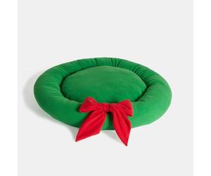 OHS Christmas Dog Bed with Xmas Bow Wreath Fluffy Warm Round Doughnut Dog Bed Medium Washable Soft Plush Calming Ped Bed Non-Slip Bottom Anti Anxiety Cuddler Puppy Beds, Green - 60 x 60cm