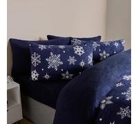 OHS Christmas Snowflakes Double Duvet Quilt Covers, Duvet Set Double Winter Teddy Fleece Bedding Double Bed Set with Pillowcases Super Soft Warm Comfy - Navy