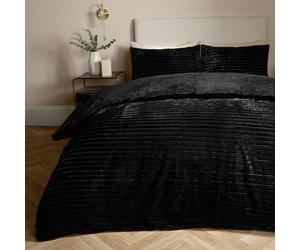 OHS Chunky Ribbed Duvet, Winter Bedding Super Soft Warm Fluffy Quilt Covers with Pillowcases - Double Reverse Fur Fleece - Black