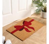OHS Coir Door Mats Indoor & Outdoor Bow Print, Non-Slippery Heavy Duty Stylish Entrance Washable Door Mat Perfect Dirt Trapping Doormats, Natural/Red - 40 x 60cm