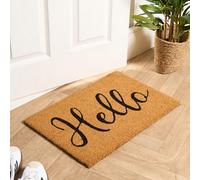 OHS Coir Entrance Door Mat Hello Print, Non-Slippery Heavy Duty Stylish Washable Door Mat Indoor & Outdoor Perfect Dirt Trapping Doormats, Brown - 40 x 60cm