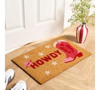 OHS Coir Entrance Door Mat Howdy Cowboy Print, Non-Slippery Heavy Duty Stylish Washable Door Mat Indoor & Outdoor Perfect Dirt Trapping Doormats, Pink/Natural - 40 x 60cm