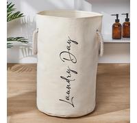 OHS Collapsible Laundry Basket Laundry Bag Printed Slogan Folding Round Washing Baskets for Laundries Clothes Hamper Storage with Rope Handles for Bedroom Bathroom, Beige - 55 x 35cm