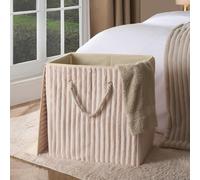 OHS Collapsible Laundry Basket with Lid Ribbed Faux Fur Folding Freestanding Laundry Bag with Rope Handles Washing Baskets for Laundries Clothes Hamper Storage, Cream - 45 x 49 x 31cm
