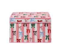 OHS Collapsible Storage Box Bow Stripe Fabric Box with Lid Large Pink/White | Wardrobe Storage Boxes Closet Toys Organiser Bin with Handles Book Box Foldable Storage Basket for Clothes Book Shelf Office