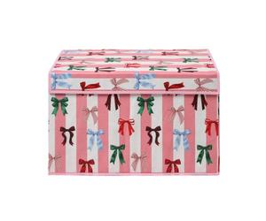 OHS Collapsible Storage Box Bow Stripe Fabric Box with Lid Large Pink/White | Wardrobe Storage Boxes Closet Toys Organiser Bin with Handles Book Box Foldable Storage Basket for Clothes Book Shelf Office