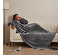 Ohs Coral Fleece Wearable Blanket With Sleeves Throw, Charcoal - 135 X 170Cm