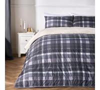 OHS Coverless Duvet 10.5 Tog, Christmas Winter Coverless Duvet Single Ultra Soft Warm Comfy Tartan Check Sherpa Reversible Washable Quilt Single Duvets with Pillowcases, Grey