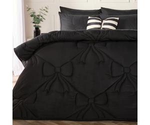 OHS Coverless Duvet Double, Gifts for Women 7.5 Tog Bow Bedding Soft Warm Microfibre Lattice Bow Quilted Coverless Duvet Summer Camping Quilt Comfy Washable Double Duvets with Pillowcases, Black