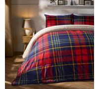 OHS Coverless Duvet King Size 10.5 Tog, Christmas Winter Coverless Duvet Ultra Soft Warm Comfy Tartan Check Sherpa Reversible Washable Quilt King Size Duvets with Pillowcases, Red/Navy