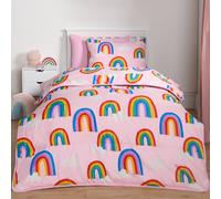 OHS Kids Coverless Duvet Single 10.5 Tog, Rainbows Print Reversible Washable Coverless Duvets Camping Sleepovers Winter Duvet Super Soft Cosy Coverless Duvet with Pillowcase, Pink
