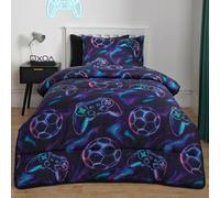 OHS Coverless Duvet Single Boys Bedding Gaming Duvet 10.5 Tog, Green/Navy | Gaming Gifts Reversible Microfibre Kids Bedding Coverless Duvet with Pillowcase All Season Sleepovers Camping Travel Quilt