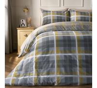 Dreamscene Denim Check Duvet Cover with Pillowcase Reversible Tartan Bedding Set, Ochre Yellow Grey - Single