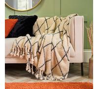 OHS Diamond Check Tassel Sherpa Fleece Throws Ultra Soft Blanket in Natural White | Size: 120 cm x 150 cm OHS Natural White 120 cm x 150 cm